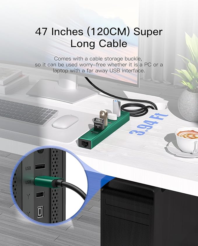 7 Ports USB 3.0 Hub USB to Network HUB with 3.9ft Long Cable for Laptop USB Splitter with Gigabit Ethernet Port and 5V/3A Power Port MultiPort Aluminum Hub for iMac PC Flash Drives (Green)