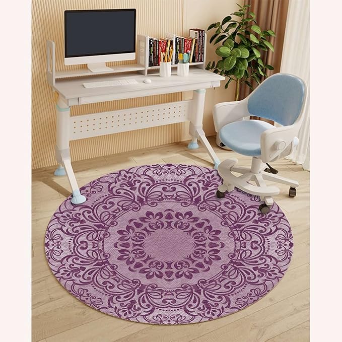 Lavender Dark Purple PU Leather Chair Mat for Hardwood Floor Anti-Slip Floor Protector Floral Elements Oriental Vintage for Home/Office Rolling Chair and Computer Desk Geometric Diameter 39.4 in