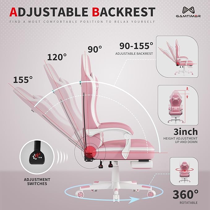 Gaming Chair with Footrest Ergonomic Computer Chair PU Breathable Material with Headrest and Lumbar Support Suitable for Silla Gamer and Adults(Pink)