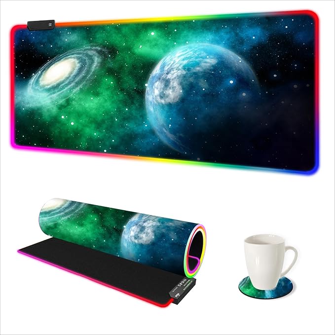 ARTSO Large RGB Gaming Mouse Pad Led Big Mouse mat with 14 Light Modes Extended Soft Computer Keyboard Mat Non-Slip Rubber Base Green Planet Nebula