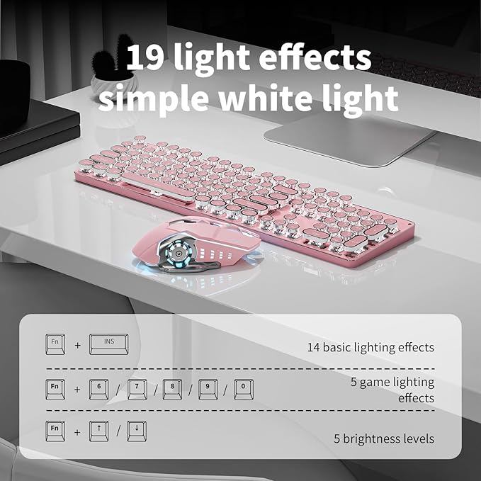 TK950 Wireless Typewriter Keyboard and Mouse Combo 104 Keys Retro Typewriter Mechanical Keyboard with White Backlit Anti-Ghosting Blue Switch Bluetooth/2.4G/Wired Cute Gaming Keyboards-Pink