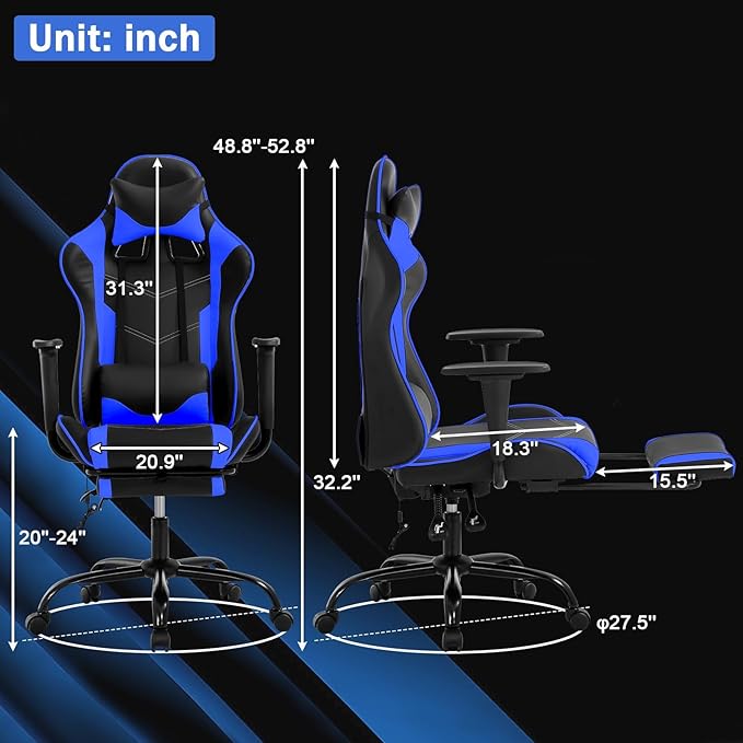 Gaming Chair with Footrest Massage Lumbar Support Ergonomic Racing Office Chair 360 Swivel PC Computer Desk Chair Adjustable Headrest and Arms Blue