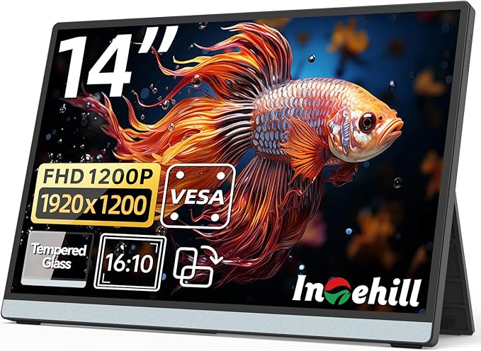 Intehill 14 Portable Monitor WUXGA 1920x1200 Portable Screen with Full-Covered Tempered Glass 16:10 USB-C HDMI External Display with Speakers &amp Stand Travel Monitor Second Screen for Laptop F