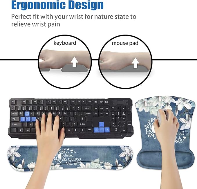 Keyboard Wrist Rest and Mouse Pad Wrist Support Set with Coasters She Believed She Could So She Did Inspirational Quote Wrist Mouse Pad with Non-Slip PU Base for Home Office Working Studying