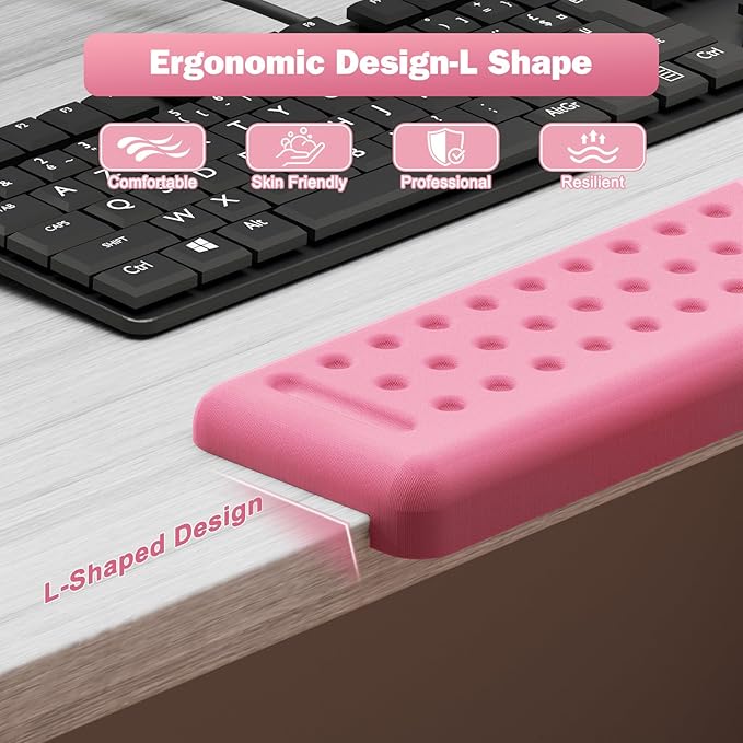 Leolee L-Shaped Desk Long Wrist Rest Elbow 60CM Pink Memory Foam Arm Rest for Desk with Non-Slip Base Ergonomic Desk Edge Cushion Wrist Support for Computer Keyboard Typing Office Home