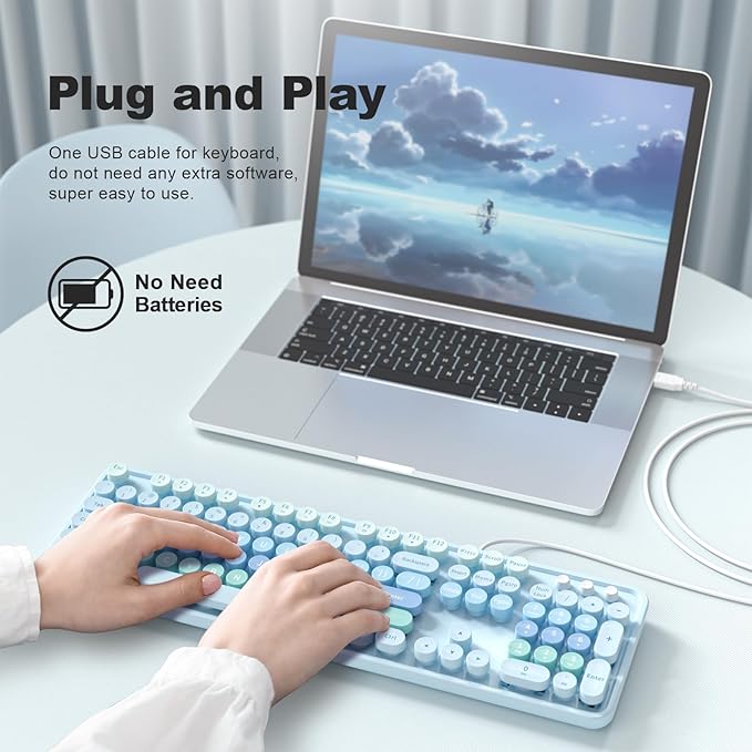 Large Print Keyboard Wired Full Size Wired Retro Round Keyboard with Foldable Stands Plug and Play for Laptop and Office PC- Blue Gradient