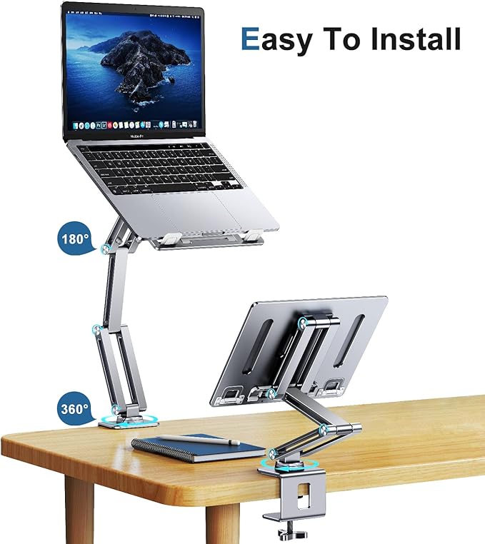 Laptop Mount for Desk Tablet Arm Mount with 360° Rotating Aluminum Laptop Tray Adjustable Foldable Computer Stand/Holder Fit for 11-15 Inch Laptops (Silver)