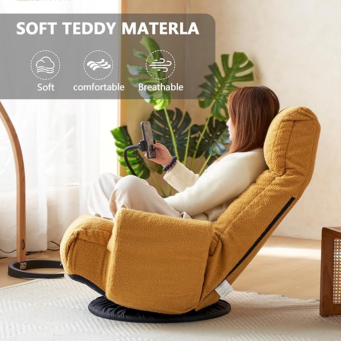 360-Degree Swivel Floor Chair with 5-Position Folding Design Adjustable Headrest Waist Support Armrests and Phone Holder for Living Room (Yeiiow+Teddy Fleece)