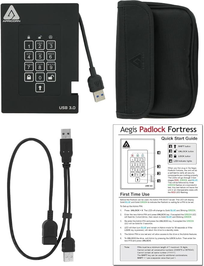 Apricorn Aegis Padlock Fortress - USB 3.0 A25-3PL256-1000F (R2) Portable HDD 1TB HD2125