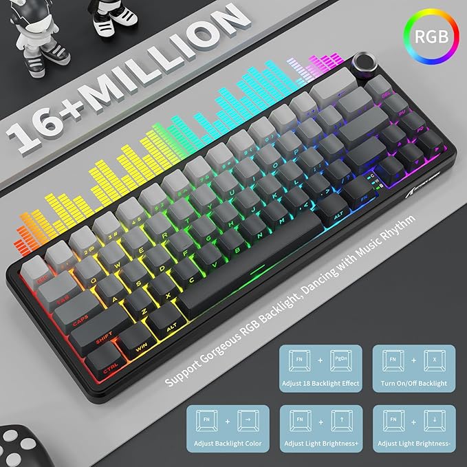 ATTACK SHARK X66 Wireless Mechanical Gaming Keyboard with KnobTri Mode USB-C/BT5.0/2.4G Gasket Mounted 60% RGB Gaming Keyboard Side Printed PBT KeycapHot Swappable Strawberry Switch(Moonlight)