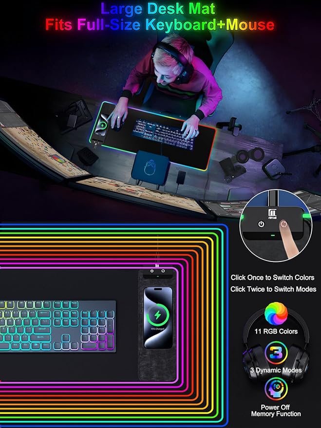 Mouse Pad with Wireless Charging Large Desk Mat RGB Gaming Mousepad 10 Light Colors LED Gaming Pad Keyboard Pad with Ultra-Smooth Surface &amp Non-Slip Rubber Base Waterproof Full Desk Mouse Pad