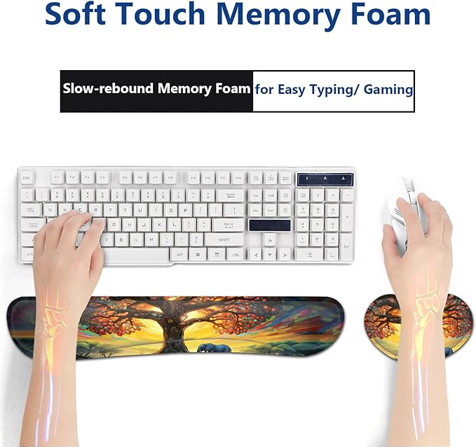 Large Mouse Pad + Keyboard Wrist Rest Set Extended Gaming Mousepad (31.5X11.8 inch) with Non-Slip Rubber Ergonomics Memory Foam Mouse Wrist Rest Support Colorful Tree of Life + Elephant Desk Pad