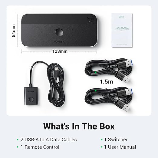 UGREEN USB 3.0 Switch 2 Computers Sharing USB C &amp A Devices 4 Port USB Switcher Sharing Keyboard and Mouse Printer/Scanner USB Switch Hub for Two Computers with 2 USB3.0 Cables and Remote