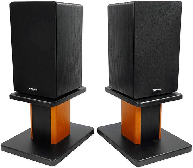 Rockville Pair RHT8C 8 Desktop Speaker Stands 66 lbs. Capacity Wood Finish Resonance-Free Cable Management Isolation Pads for Bookshelf/Studio Monitors