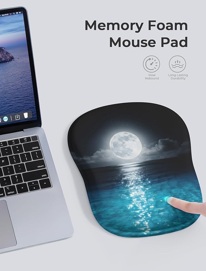Blue Ocean and Moon Aesthetic Ergonomic Mouse Pad for Carpal Tunnel Pain Relief 65% Usable Mouse Area Memory Foam Concave Wrist Rest for Office PC Gaming
