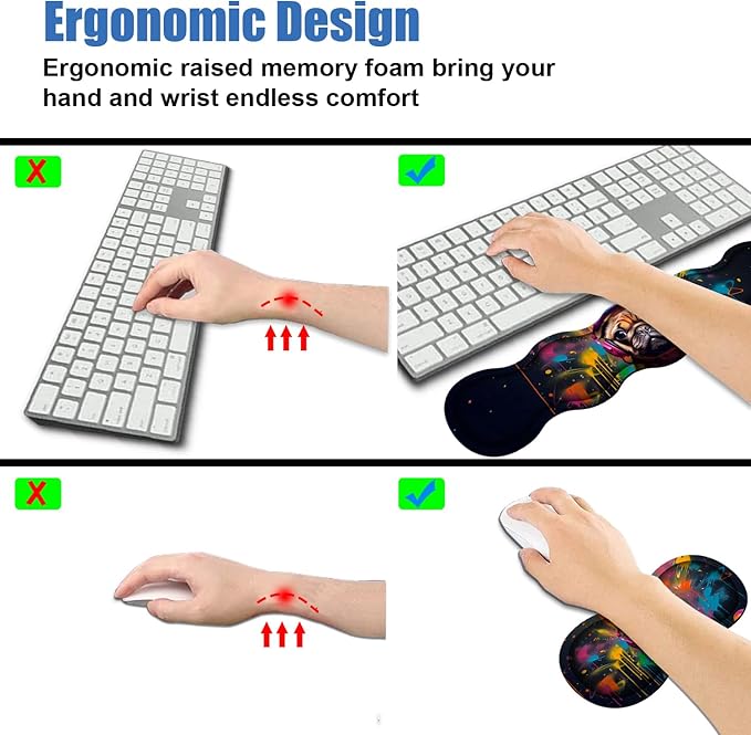 4 in 1 Ergonomic Memory Foam Mouse Pad Wrist Rest Set Large XXL Gaming Desk Pad + Keyboard Wrist Rest + Mouse Wrist Cushion + Coaster for Home Office Study Gaming Cute Pug with Headphones