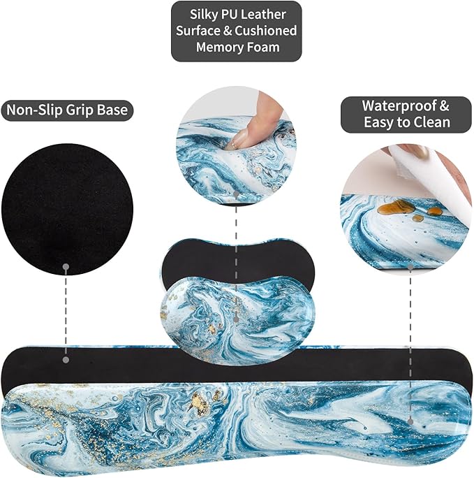 QiyI Leather Desk Mat Set 4-in-1 Large Mouse Pad with Wrist Rest Non-Slip Desk Pad + Keyboard Wrist Rest + Mouse Wrist Support + Coaster Office Desk Accessories Home Decor Supplies Blue Marble