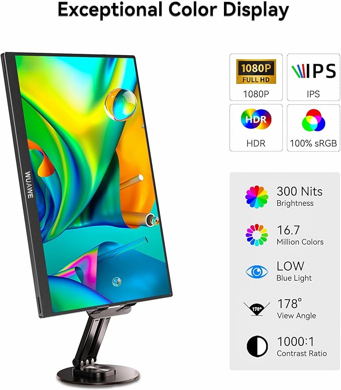 WUAWE 15.6 Inch Portable Monitor with Built-in Stand 1080P FHD 60Hz External Second Computer Monitor with Speaker HDMI USB-C for PC Mac Phone PS5 Switch Xbox PS4/5.