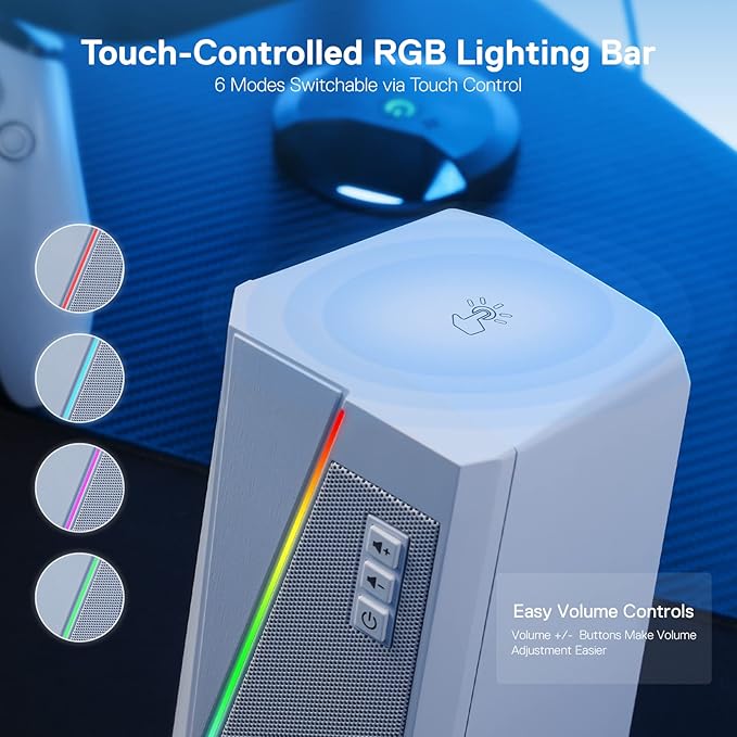 Redragon GS520 RGB Desktop Speakers 2.0 Channel PC Computer Stereo Speaker with 6 Colorful LED Modes Enhanced Sound and Easy-Access Volume Control USB Powered w/ 3.5mm Cable White