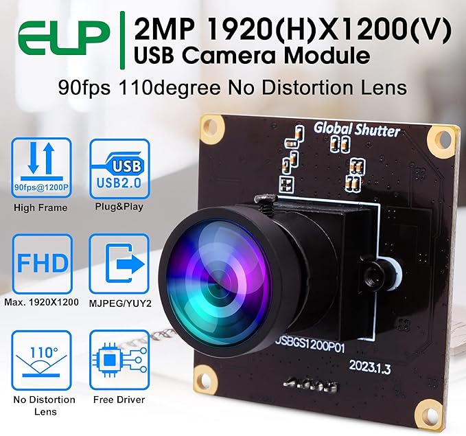 Wecamera_usb High Speed Wide Angle Global Shutter USB Camera Module for Computer 1080P Mini Webcam Board High Frame 90fps Web PC Camera Board for Laptop Raspberry Pi (110degree No Distortion Lens)