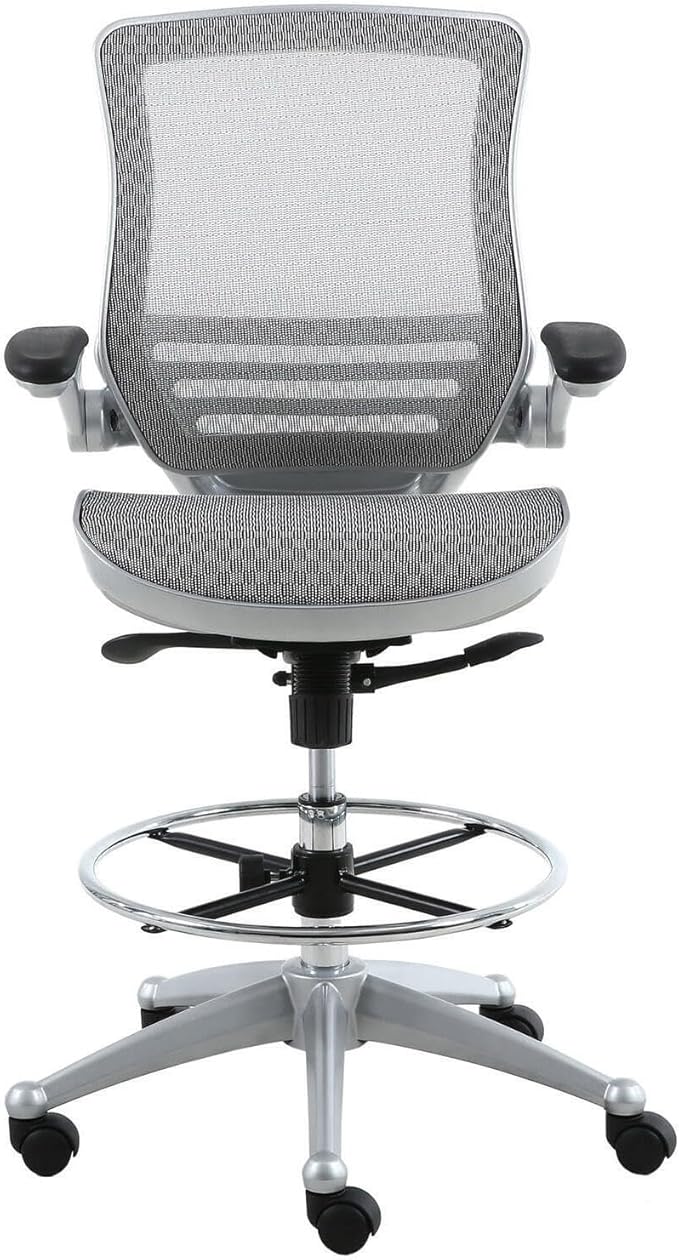 Maykoosh Mesh Drafting Chair - Adjustable Height &amp Lumbar Support - Heavy Duty Rolling Chair - Platinum