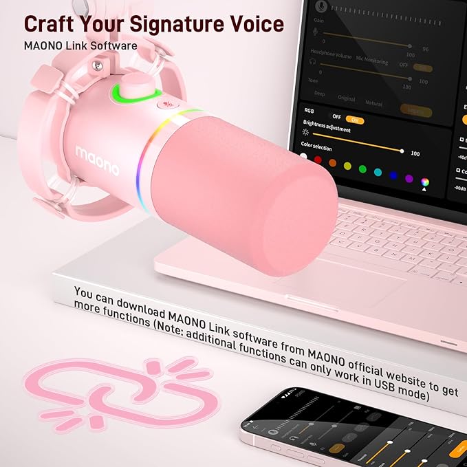 MAONO XLR/USB Dynamic Microphone Kit RGB Gaming Mic with Software Mute Gain Knob Volume Control Boom Arm for Streaming Podcasting Voice-Over Recording-PD200XS Pink