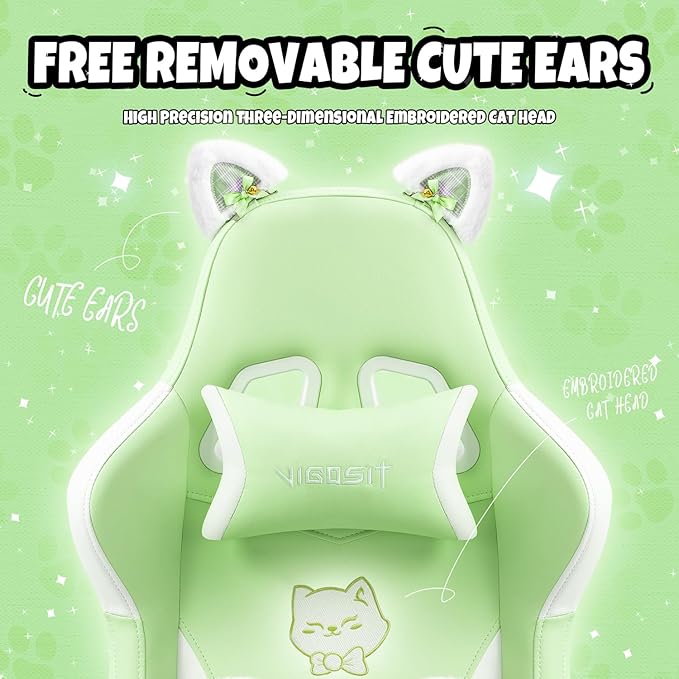 Green Gaming Chair with Cat Ears &amp Cute Paw Lumbar Pillow Ergonomic Racing Style Computer Chair with Footrest Reclining High Back PU Leather Video Gamer Chairs for Girls &amp Kids &amp Adults