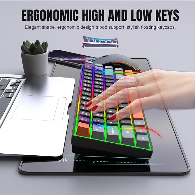 Snpurdiri 60% Wireless Gaming Keyboard and Mouse ComboRainbow Backlit Rechargeable 2000mAh BatteryMini Mechanical Feel Keyboard + Popular RGB Mice for GamingBusiness Office(Gray-Black-Orange)