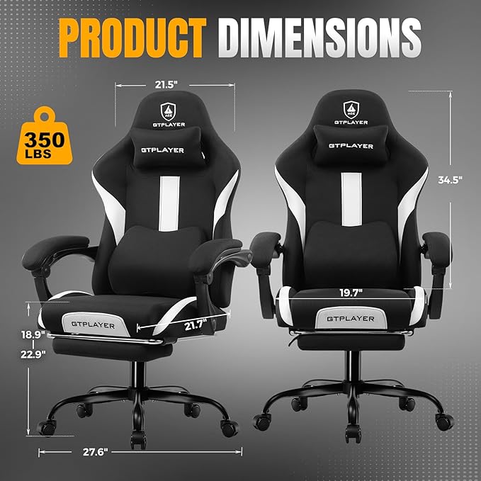 GTPLAYER Gaming Chair with Foot Rest &amp Pocket Spring Cushion Ergonomic High Back Computer Desk Chair with Headrest &amp Lumbar Support for Back Pain Relief Breathable Fabric Black