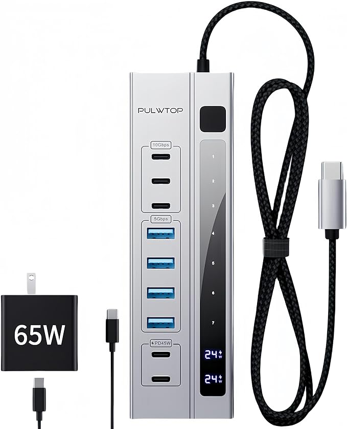 9 in 1 Powered USB C Hub USB 3.2 Data Hub with 65W PD Power Adapter 3 USB-C 10Gbps 4 USB-A 5Gbps 2 24/45W Type-C PD Charging Ports USB Hub