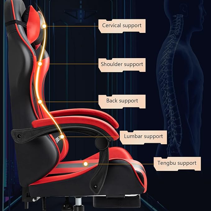 Gaming Chair with Footrest Gamer Chair with Lumbar Support and Headrest Height Adjustable Office Chair with 360°-Swivel Seat red