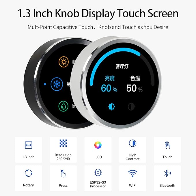 ESP32-C3 Round Knob Display 1.28 Inch 240×240 IPS TFT esp32 Development Board with Display for LVGL WiFi BLe Uart Rotary (Black)