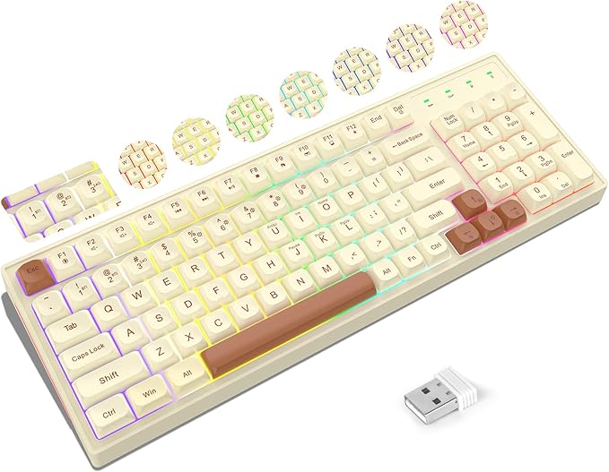 KOLMAX BK98 Wireless Gaming Keyboard Dual Mode 2.4G/Bluetooth Gaming KeyboardRGB Backlit Ergonomic 98 Keys PBT Mechanical Feeling Wireless Keyboard for Office Windows Mac PC Gamer(Retro Brown)