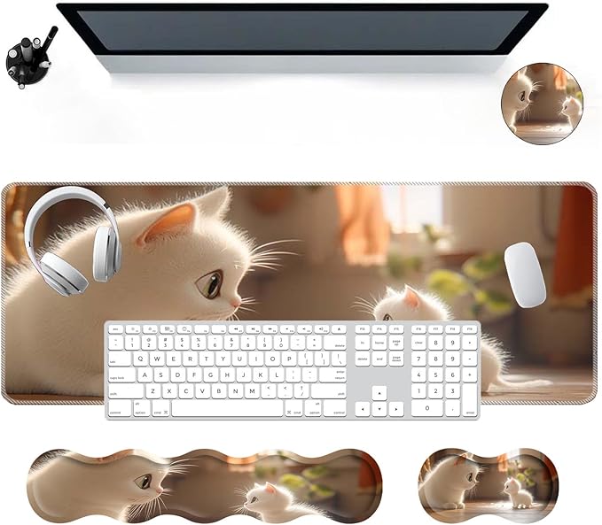 Large Mouse Pad Wrist Support SetDesk Pad+Keyboard Wrist Rest+Mouse Pad Wrist Support+Coaster4in1 XXL Big MousepadErgonomic Design Gaming Mat for Home Office TableCute White Cat