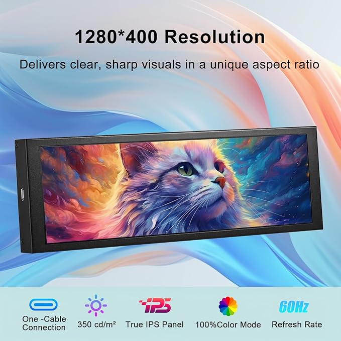 7.84 Inch Mini Monitor One-Cable Connection(No HDMI Needed) HD IPS 1280x400 Secondary Screen Stretched Bar LCD Display Aida64 CPU GPU Speed Temperature Monitoring for Windows 10/11 Only
