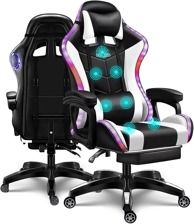 Gaming Chair for Adults with Speakers Massage Computer Office Chair RGB Gamer Chair with Footrest and Lumbar Support Music Video Game Chair High Back PU Leather Ergonomic Desk PC ChairWhite