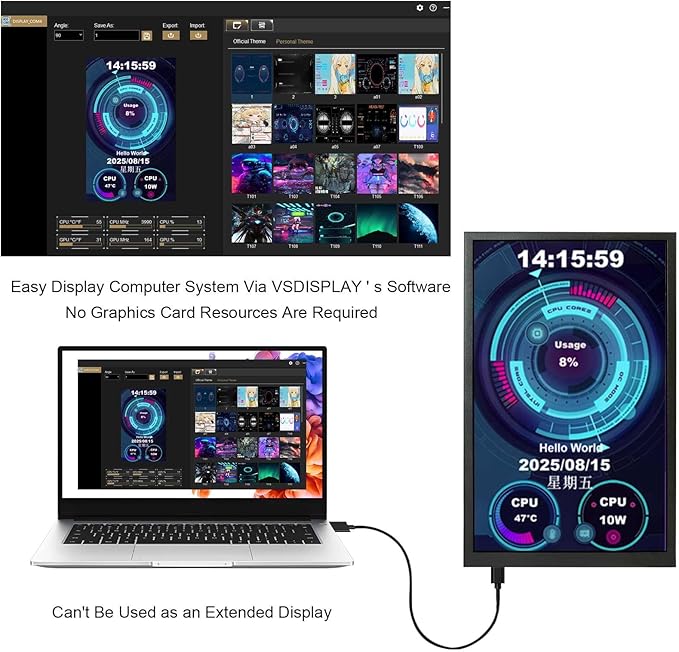 VSDISPLAY 8 Inch 1280x800 IPS LCD Monitor Portable Small Display Supports Theme Edit for Computer PC Case Inside Screen Monitoring CPU GPU RAM Temp DataBlack