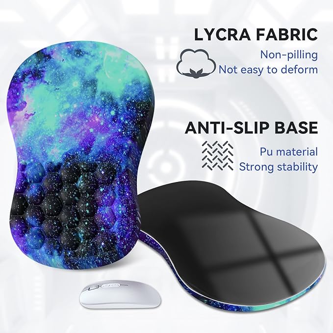 AIMSA Upgraded Wrist Rest Support Mouse Pad Ergonomic Mousepad Massage Memory Foam Design Pain Relief Comfortable Wrist Cushion Mat Non-Slip PU Base for Home Office Galaxy Nebula Universe