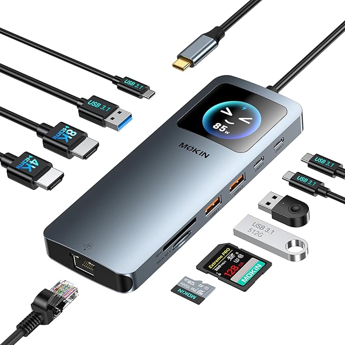 MOKiN LCD USB C Docking Station Dual Monitor 12 in 1 Laptop Docking Station Dual HDMI with 8K@30Hz PD 100W 2500Mbps 5 * 10Gbps USBA/C 3.1 SD/microSD Card Reader USB C Adapter for HP/Dell/Lenovo