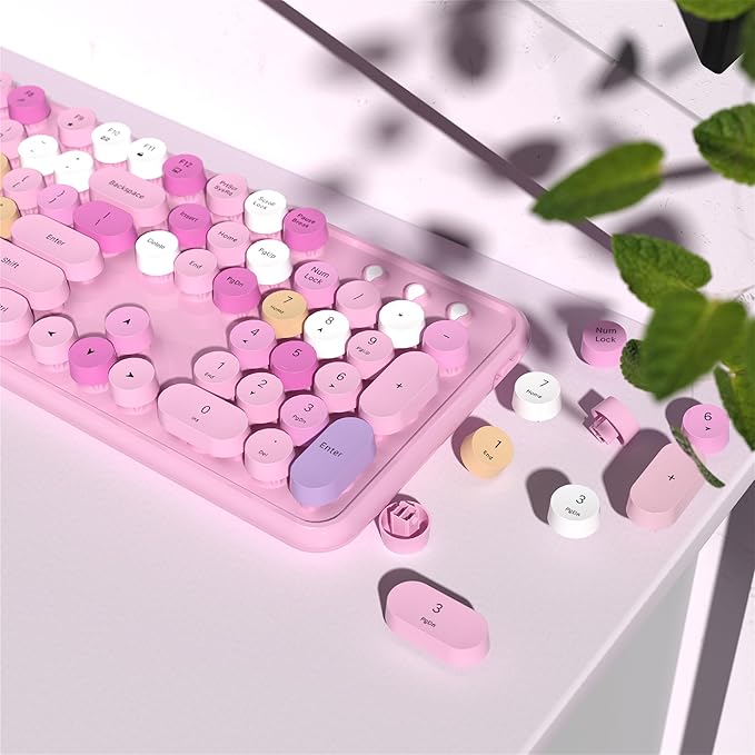 Colorful Wireless Keyboard and Mouse Combo COVEVA 2.4GHz Wireless Retro Cute Round Keycaps Keyboard 104 Keys Full-Sized Keyboard Mouse Set with Switch Button for PC Laptop Desktop (Pink Colorful)
