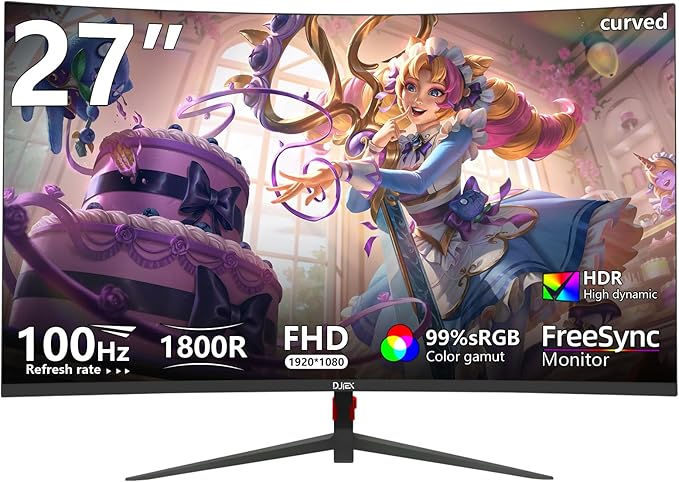 27 inch Curved Monitor 100Hz Computer MonitorFHD 1080pHDR99% sRGB1800RVESA Compatiblefor TabletDesktopNarrow Bezels on Three Sides Blue Light FilterLaptop and PC Work Gaming