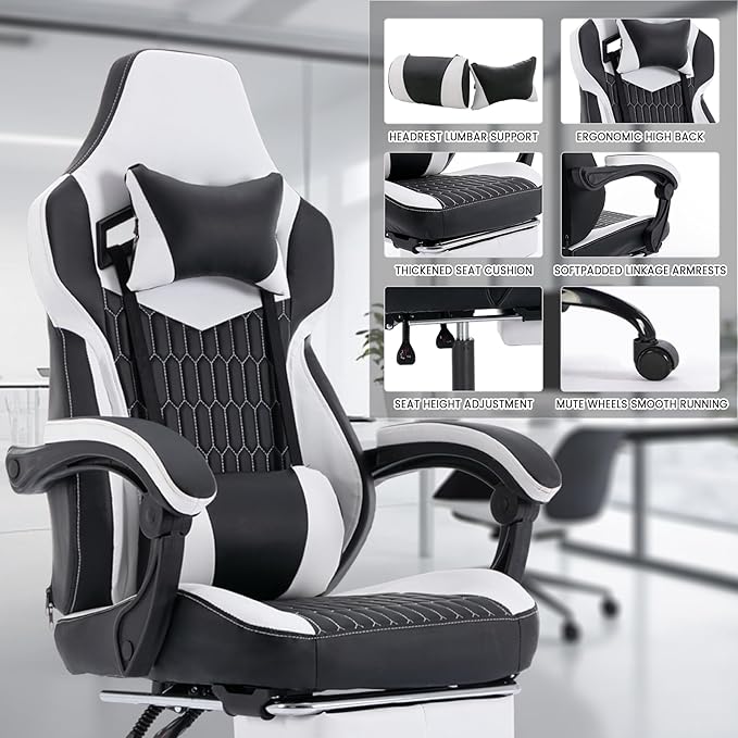 UNITED FLAMES Gaming Chair Video Game Chair with Massage Lumbar Support and High Back Recliner Height Adjustable Gaming Computer Chair with Footrest for Office or Gaming (Black White)