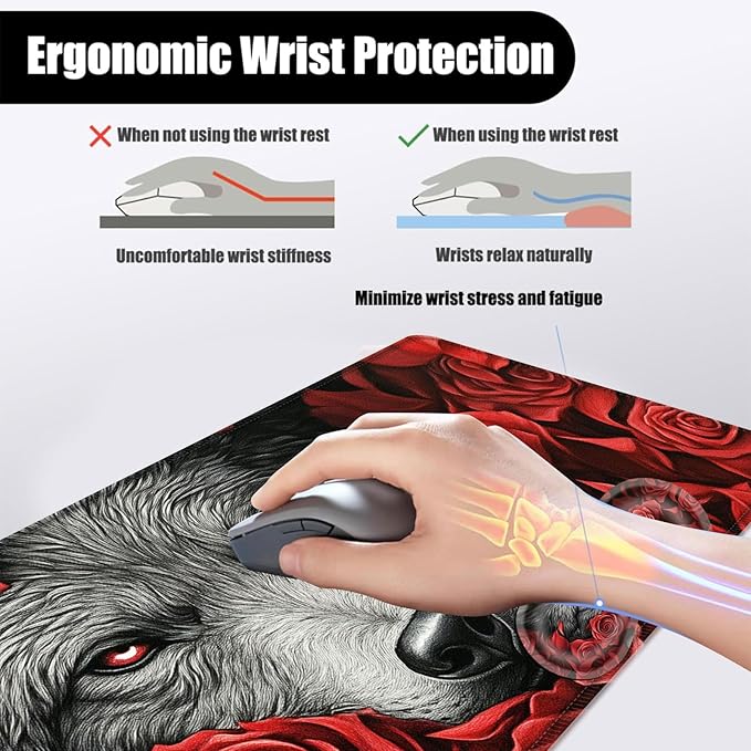Mouse PadLarge Desk Mat Set 4in1 XL Mousepad + Keyboard Wrist Rest+Mouse Wrist Rest+Coaster with Ergonomic Desk Pad for Home Office Table Computer Cover -Wolf Among Red Roses