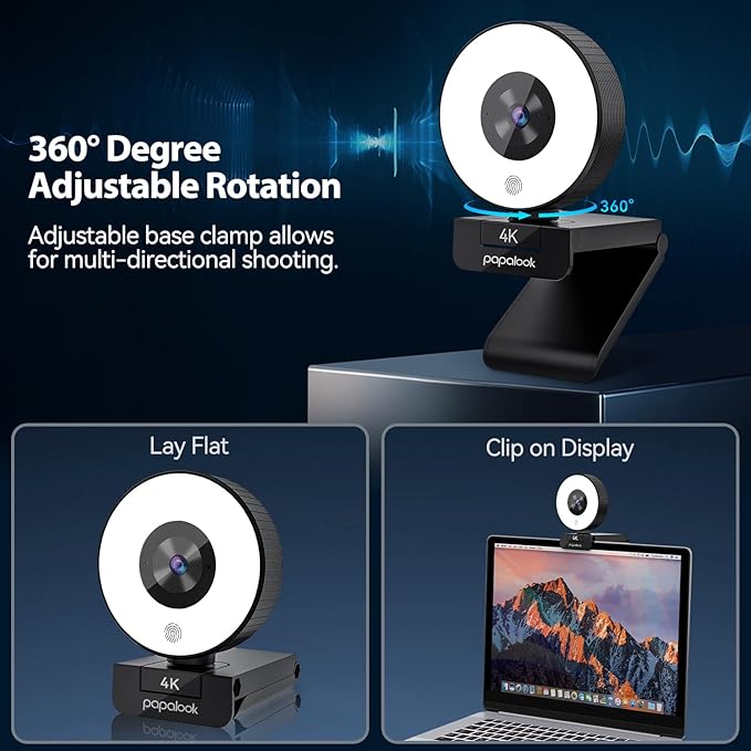 papalook 4K Autofocus Webcam with Light UHD Web Camera with Remote Control and Dual Noise-Cancelling Mics Plug and Play USB Webcams for PC Laptop Zoom Skype Teams Google Meet