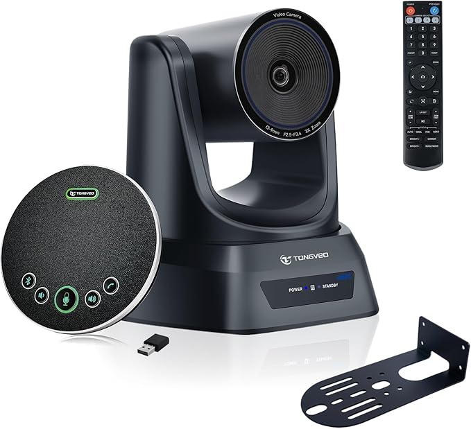 TONGVEO Conference Room Camera System 4K UHD 3X Optical Zoom 93° Ultra-Wide FoV USB3.0 PTZ Camera and Wireless Bluetooth Speakerphone with Microphones Works with Zoom OBS Skype Teams and More