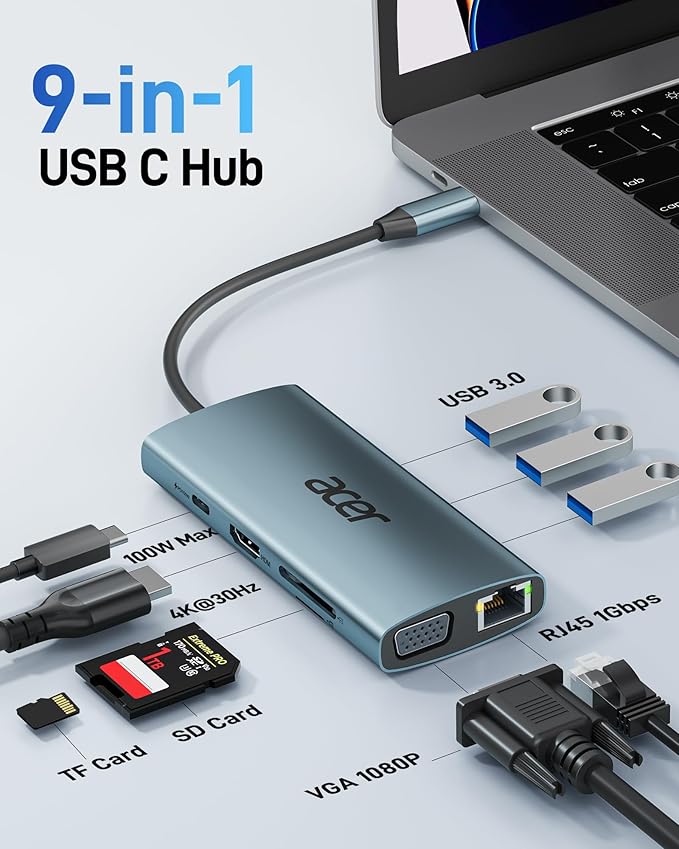 Acer USB C Hub with 4k HDMI 9-in-1 USB C to Ethernet Adapter 5Gbps USBA 3.0 Docking Station VGA Splitter SD Card Reader PD 100W Charging for MacBook Acer Laptops Surface and More