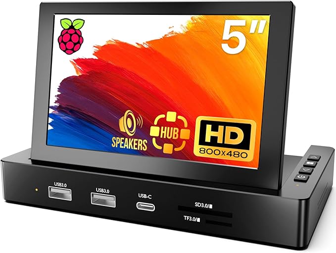 ROADOM 5'' Mini Monitor with Raspberry Pi Mount Holes &amp USB HUB Type-C One-Cable Connection&ampSpeakers All-in-One Storage Dock Pocket IPS Screen for PC monitoring/Gaming/AIDA64/Streaming Part