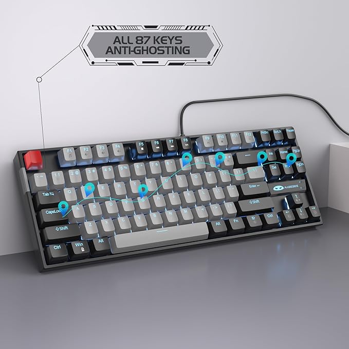 MageGee 75% Mechanical Gaming Keyboard Blue Switch LED Backlit 87 Keys Compact TKL Wired Computer Keyboards for Windows Laptop PC Gamer - Grey/Black