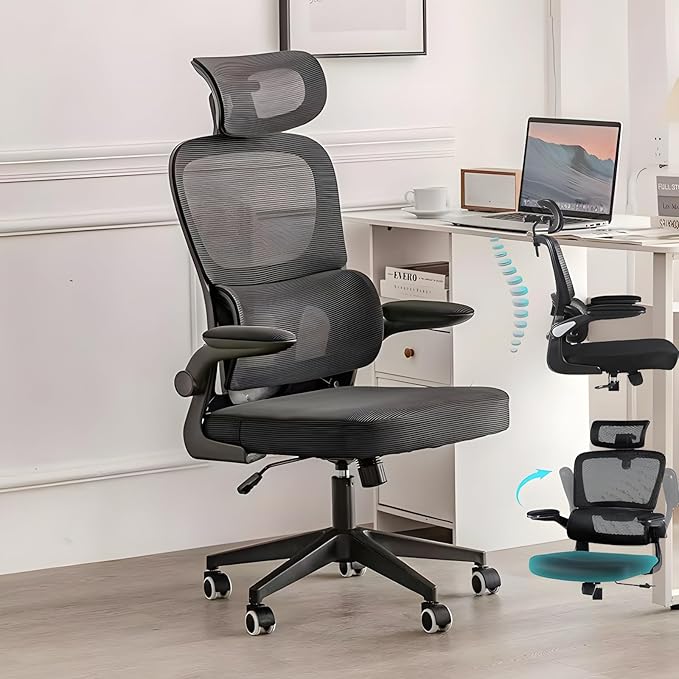 Ergonomic Office Desk Chair330 LBS Home Mesh Office Desk ChairsLumbar Support Computer Chair with Flip-up ArmsHigh Back Office Chair for Long Hours Office Chair for Study and WorkBlack