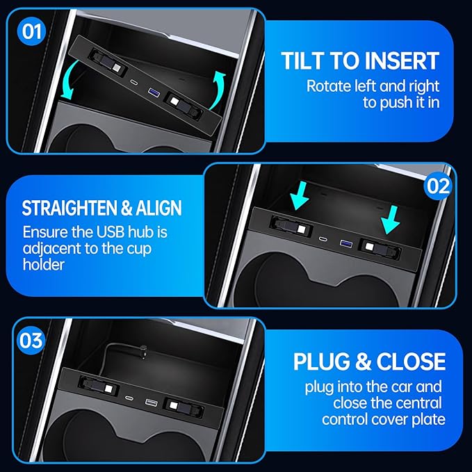 USB Hub for Tesla Model Y Juniper 2025 2026 Model 3 Highland 2024 2025 with Sunken Design 99W 4 in 1 Multi Ports Fast Charger with Retractable Cable Docking Station fit Center Console Adapter